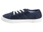 Blauwe canvas sneakers met witte veters.