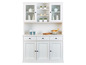 Witte dressoir met glazen deuren, laden en deuren.