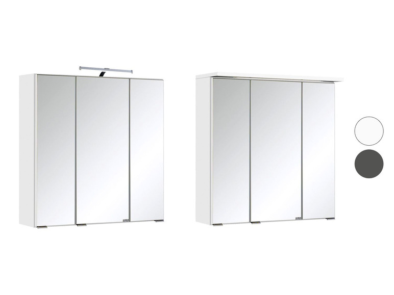 Twee witte spiegelkasten met verlichting.