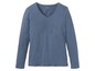 Een blauwe longsleeve met een v-hals en een kantje.