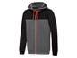 Grijze hoodie met rits, zwarte mouwen en oranje rits.