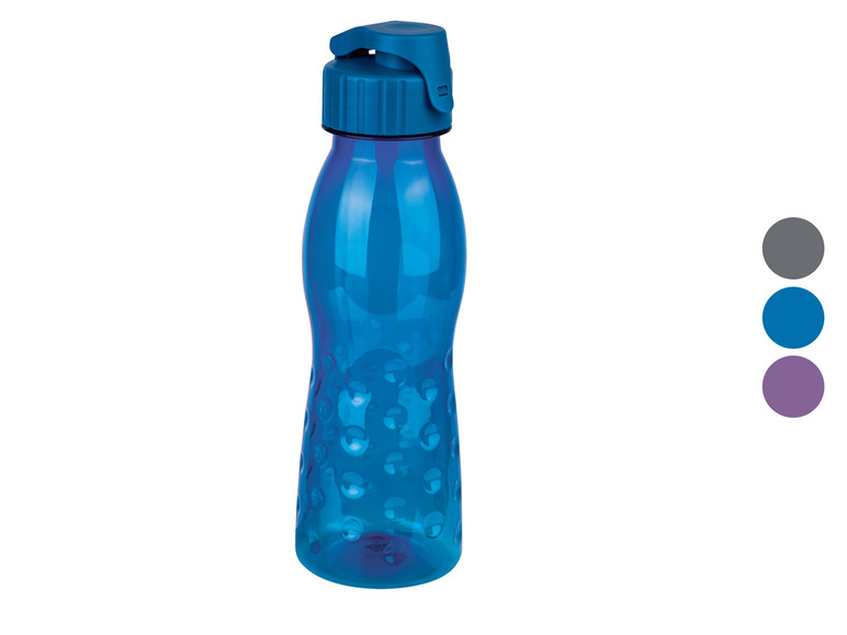 Een blauwe waterfles met bubbels.