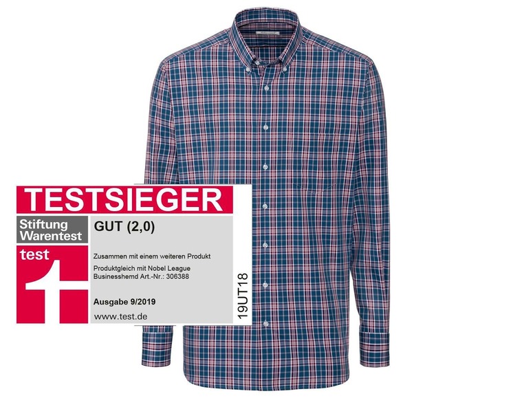 Een blauw-rood geruit overhemd van Nobel League, beoordeeld als 'Goed' door Stiftung Warentest.