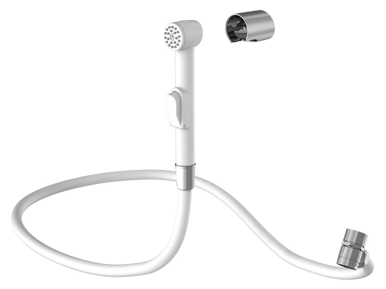 Een witte douchekop met slang en een chromen aansluiting.