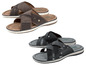 Twee paren bruine en zwarte heren sandalen met kruisbandjes.