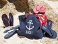 Strandtas, slippers en badhanddoek met maritieme print.