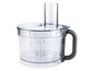 Een doorzichtige Kenwood foodprocessor-kom met een grijze handgreep.