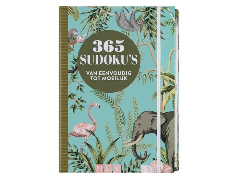 Een boek met 365 sudoku's, van eenvoudig tot moeilijk, met een tropisch jungleontwerp.