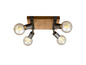 Vierlichts plafondlamp met houten element en metalen details.