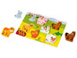 Houten puzzel met boerderijdieren, waaronder een koe, varken, paard en schaap.