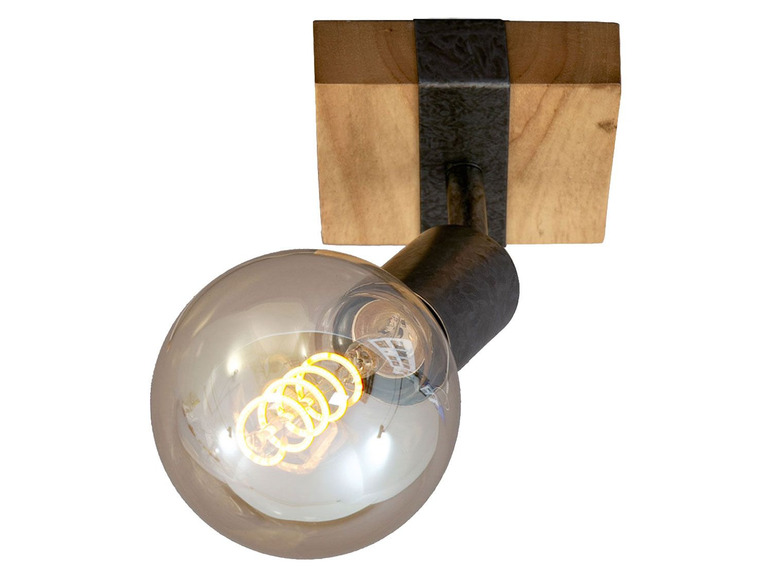 Een houten wandlamp met een glazen bollamp.