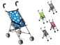 Een blauwe, groene, roze en grijze kinderwagen voor poppen.