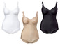 Drie corrigerende body's in wit, beige en zwart.