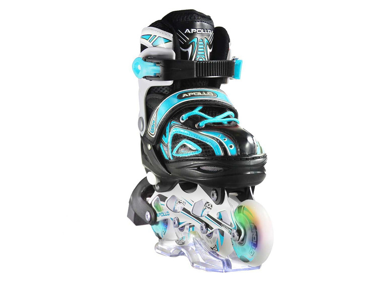 Een paar blauwe en zwarte inline skates van Apollo.