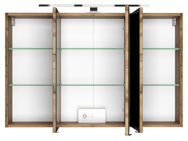 Een houten badkamerkast met spiegels, verlichting en glazen planken.
