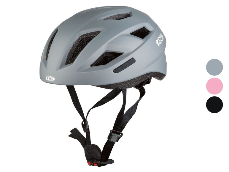 Een grijze Abus fietshelm met verschillende kleuropties.