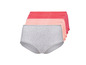 Drie paar katoenen onderbroeken in grijs, roze en rood.