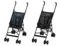 Twee zwarte Safety 1st buggy's, een met effen donkerblauwe bekleding en een met witte stippen.