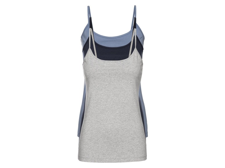 Drie grijze, blauwe en donkerblauwe tanktops.