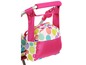Een roze poppenwagen met een polka dot tas.