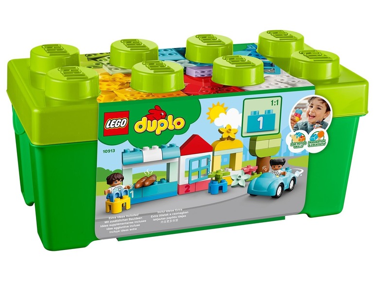 LEGO Duplo opbergdoos met blokken, een auto en poppetjes.