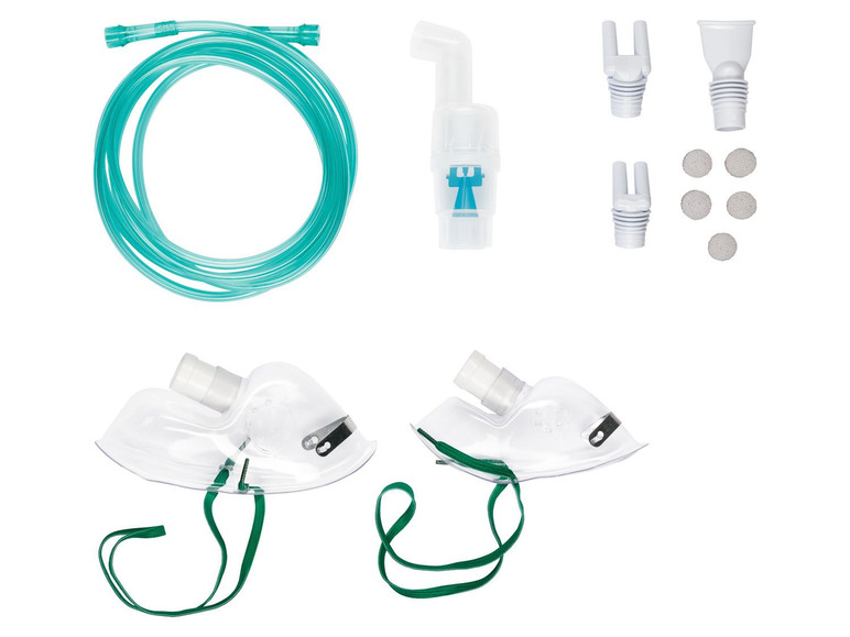 Nebulizer set met twee gezichtsmaskers, slang en mondstukken.