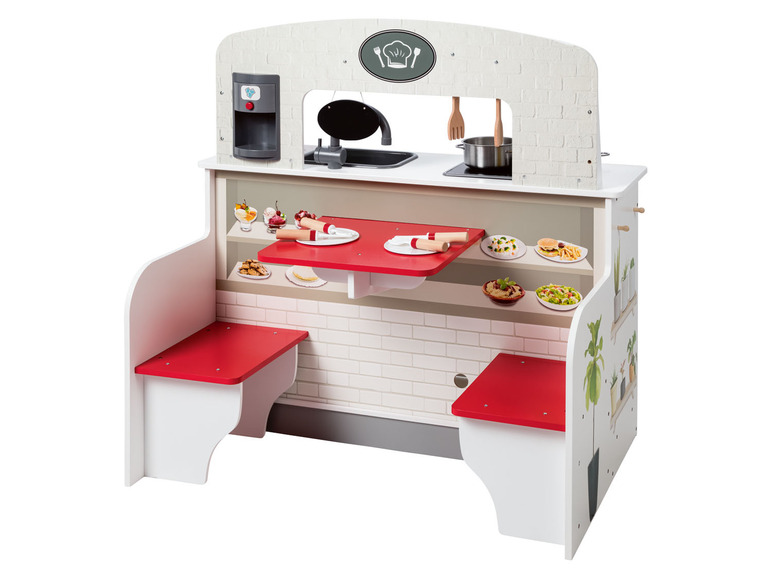 Speelkeuken met twee bankjes en een print van eten.