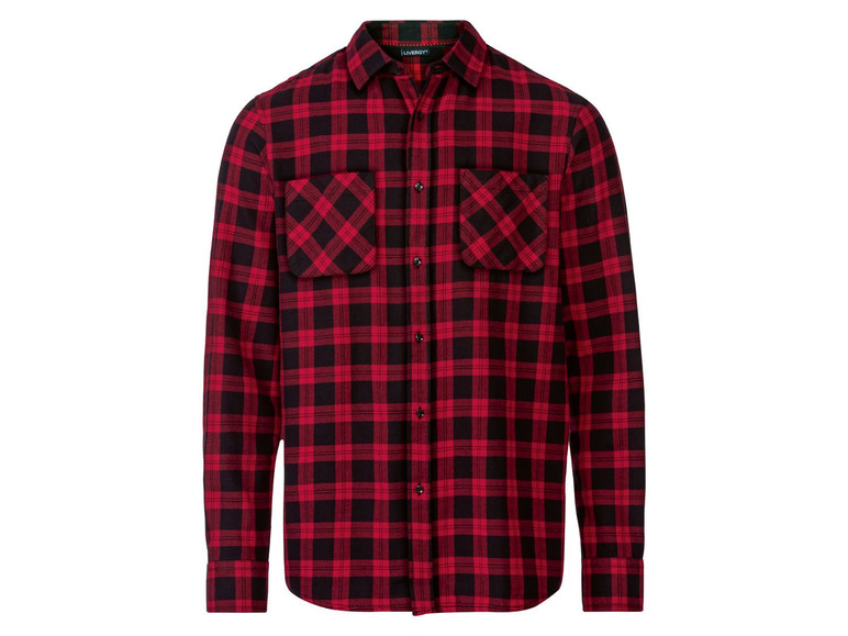 Een rood met zwart geruit overhemd met lange mouwen.