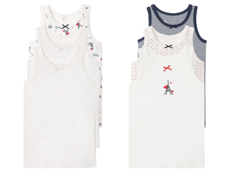Drie witte tanktops voor meisjes met Parijse print en een gestreept tanktop.