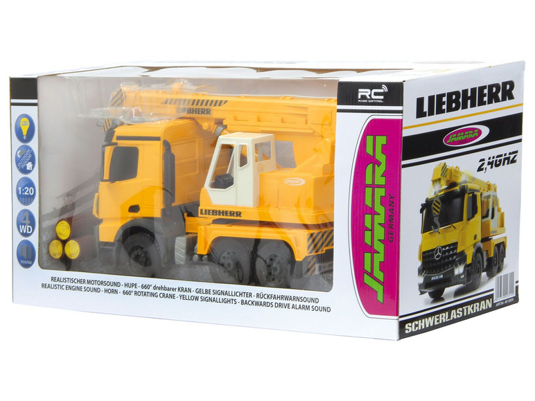 Een gele Liebherr speelgoedkraan met geluid en lichten