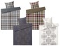 Drie verschillende beddengoedsets met plaid-, bloemen- en damesstijl.