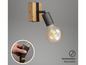 Een verstelbare wandlamp met houten elementen en een gloeilamp.