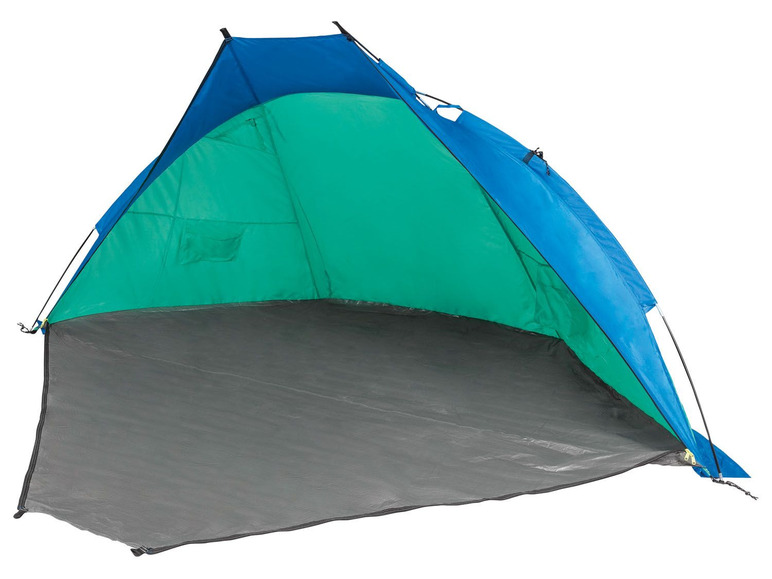 Een blauwe en groene strandtent met een grijze bodem.