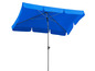 Een blauwe parasol met een metalen frame.