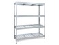 Een zilveren metalen rek met vier planken.