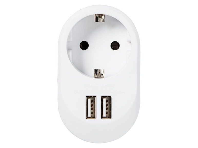 Witte stekkerdoos met één stopcontact en twee USB-poorten.