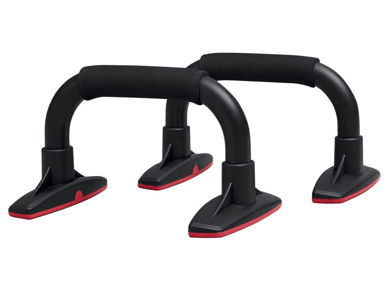 Twee zwarte push-up bars met rode accenten.