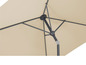 Detail van een beige parasol met grijs frame.