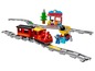 LEGO Duplo trein met een station, een wagon en een werkman.
