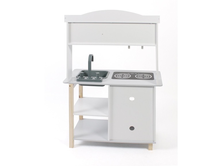 Speelkeuken met een gootsteen, fornuis en opbergruimte.