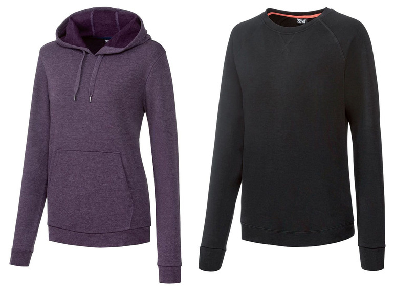 Een paarse hoodie en een zwarte sweater.