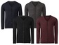 Vier heren cardigans in donkerblauw, zwart, grijs en bordeauxrood.
