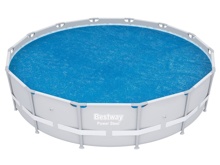 Een Bestway Power Steel zwembad met een blauwe dekzeil.