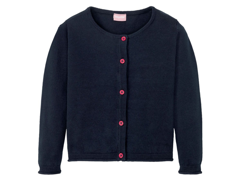 Een donkerblauwe katoenen trui met roze knopen voor meisjes.