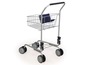 Een zilveren winkelwagen met wielen.