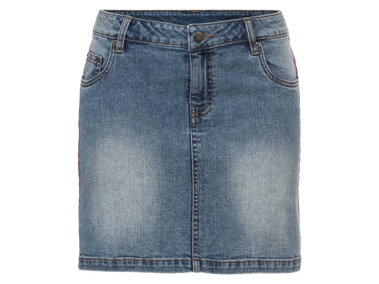 Een blauwe denim rok met rode strepen aan de zijkant.