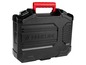 Een zwarte gereedschapskoffer van Parkside met een rode handgreep.