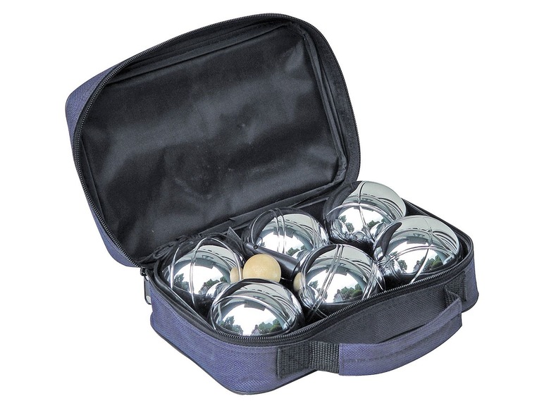 Een set jeu de boules met ballen en een tas.