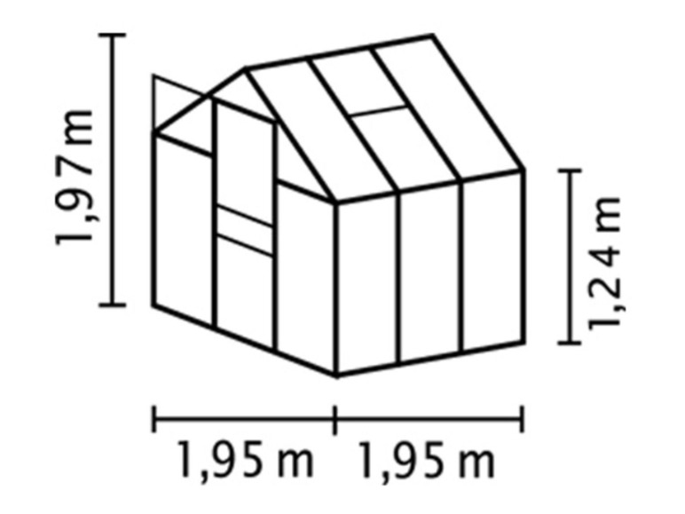 Een schematische weergave van een kas met afmetingen.