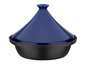 Een blauwe gietijzeren tajine met deksel.